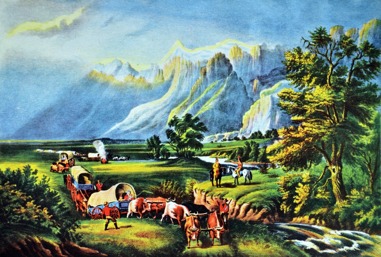 Kalliovuoret, tasangon ylittävät siirtolaiset tekijältä N. and Ives, J.M. Currier