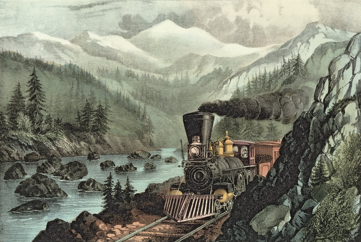 Reitti Kaliforniaan. Truckee River, Sierra Nevada. Keski-Tyynenmeren rautatie, 1871 tekijältä N. and Ives, J.M. Currier