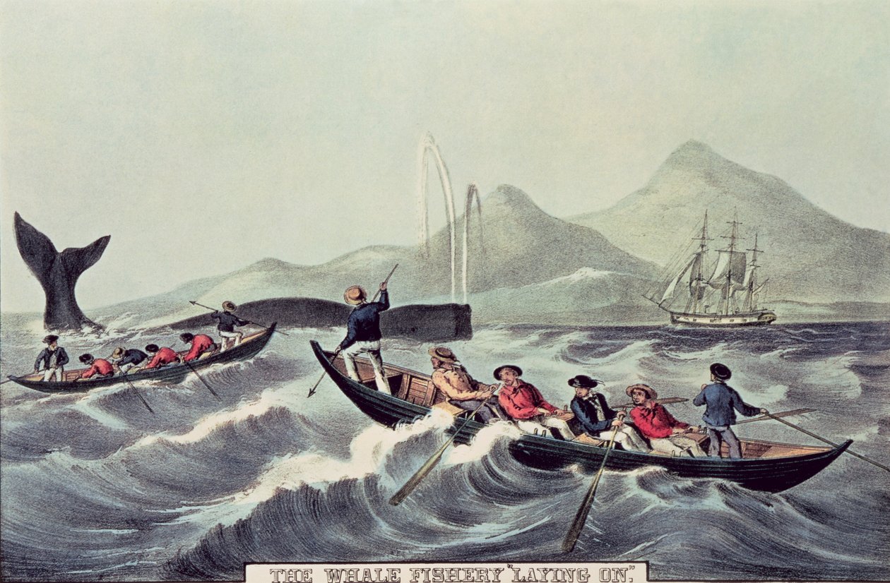 The Whale Fishery "Laying on", 1852 tekijältä N. and Ives, J.M. Currier