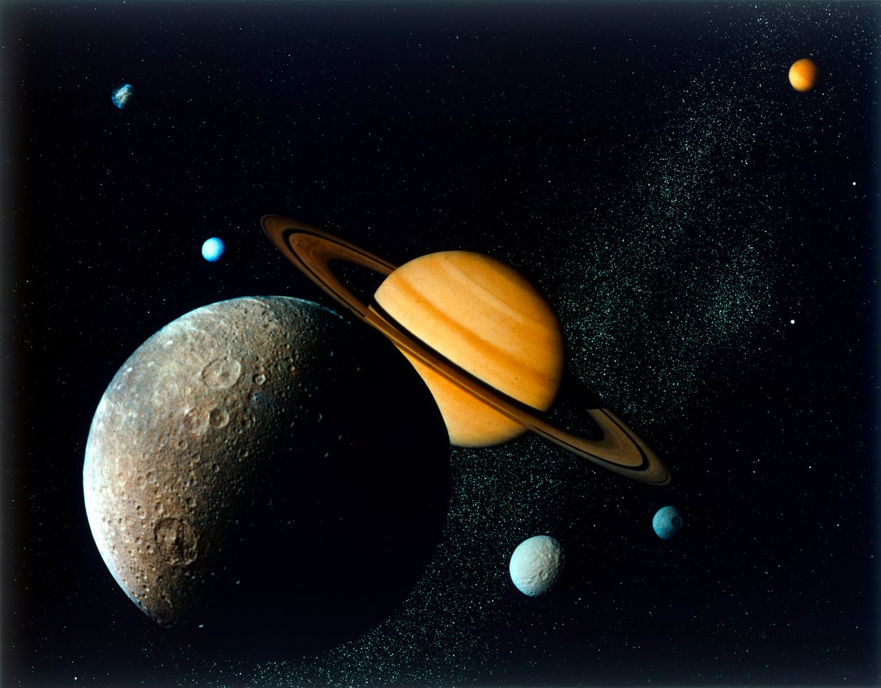 Saturnian järjestelmä Voyager 1:stä, 1980-luvulta. tekijältä NASA Images