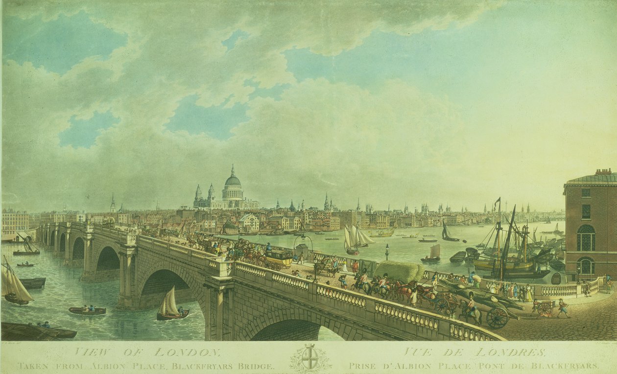 Näkymä Lontooseen Albion Placesta, Blackfriars Bridgestä, kaiverrus Joseph Constantine Stadler (fl.1780-1812), pub. 1802 (akvatinta) tekijältä N.R. Black