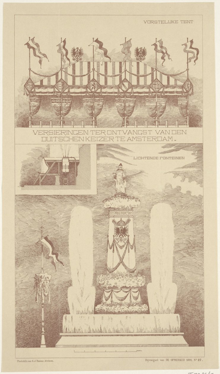 Kunniamerkit Saksan keisarin vierailun aikana Amsterdamissa, 1891 Koristeet Saksan keisarin vastaanotolle Amsterdamissa (esineessä) tekijältä NV Drukkerij G.J. Thieme