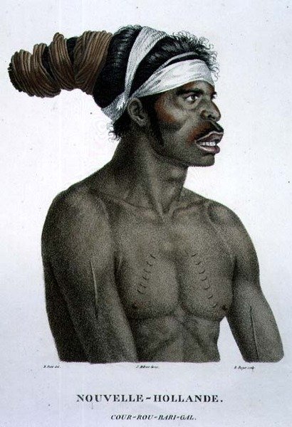 Cour-Rou-Bari-Gal, kotoisin New Hollandista, levy 18 teoksesta "Voyage of Discovery to Australian Lands", kaiverrus B. Roger, pub. 1800-04 (kaiverrus) tekijältä N. (after) Petit