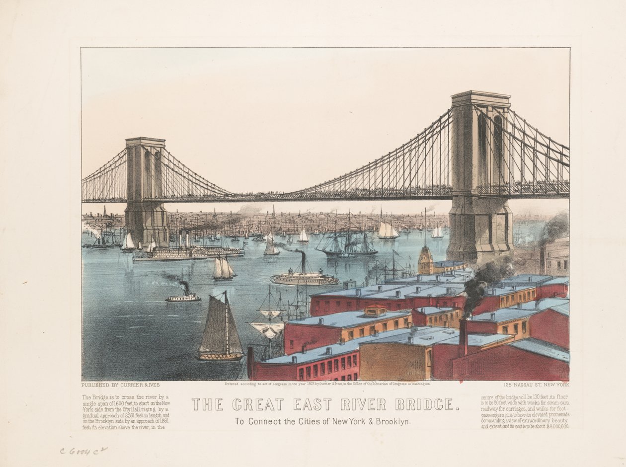 Suuri East Riverin silta: yhdistämään New Yorkin ja Brooklynin kaupungit, noin 1872 tekijältä Nathaniel Currier