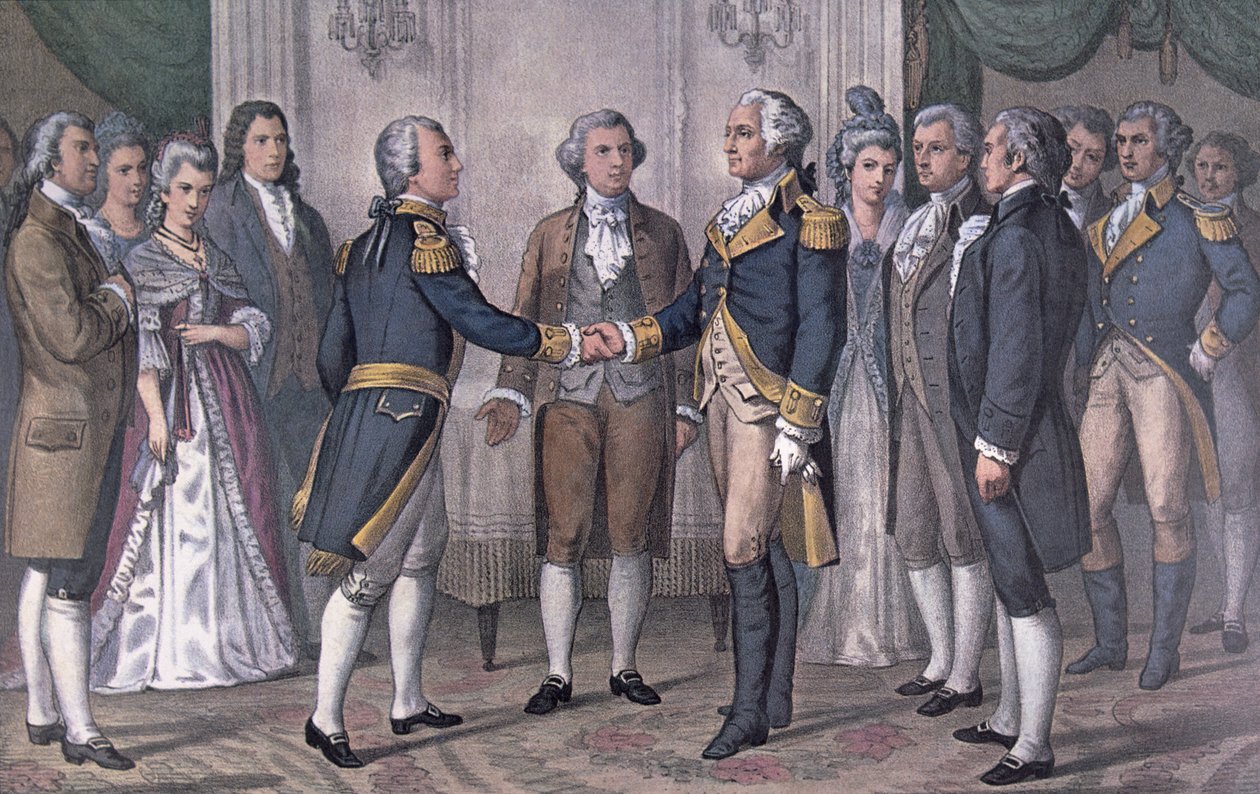 Kenraali George Washingtonin (1732-99) ja markiisi de La Fayetten (1757-1834) ensimmäinen tapaaminen Philadelphiassa 3. elokuuta 1777, julkaistu vuonna 1876 (värilitro). tekijältä N. and Ives J.M. (after) Currier