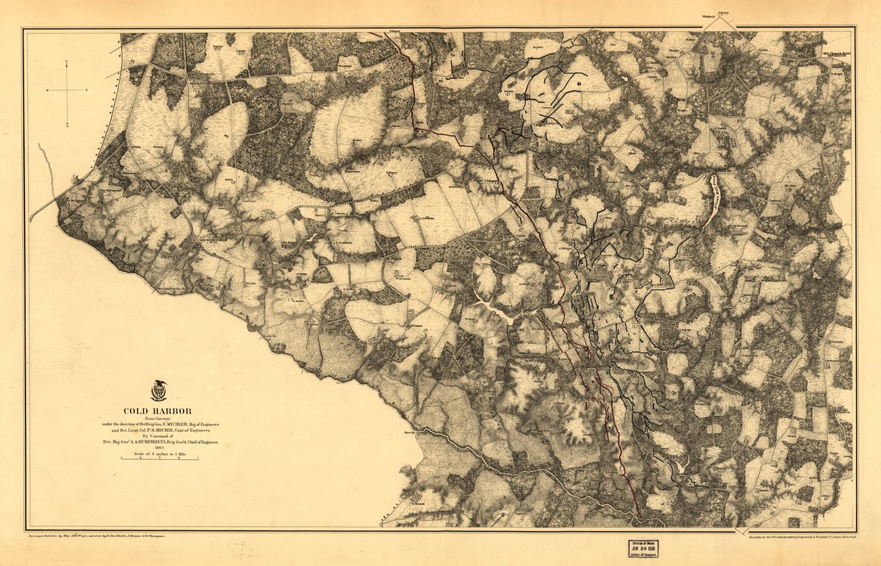 21,120. LC Civil War Maps (2. painos), 531.3 Tässä numerossa kartta on painettu keltaiselle taustalle, jossa Chickahominy-joki on väritetty vihreäksi. Näyttää tiet, Virginia Central R. R., talot, aidat, asukkaiden nimet, kasvillisuus, salaojitus ja kohokuv tekijältä N. Michler