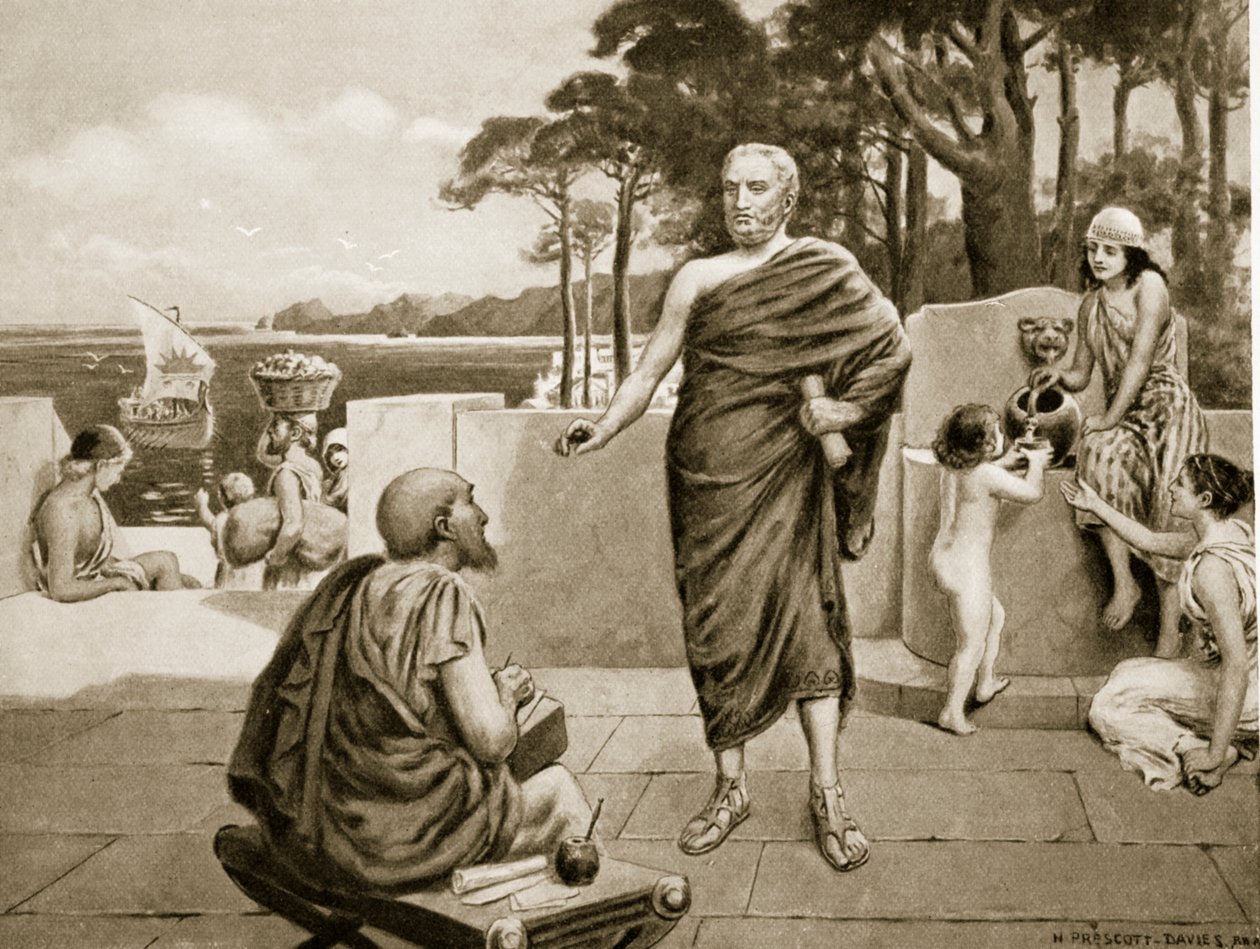 Thukydides maanpaossa, kuva Hutchinsonin kansakuntien historiasta, 1915 litho tekijältä N. Prescott Davies