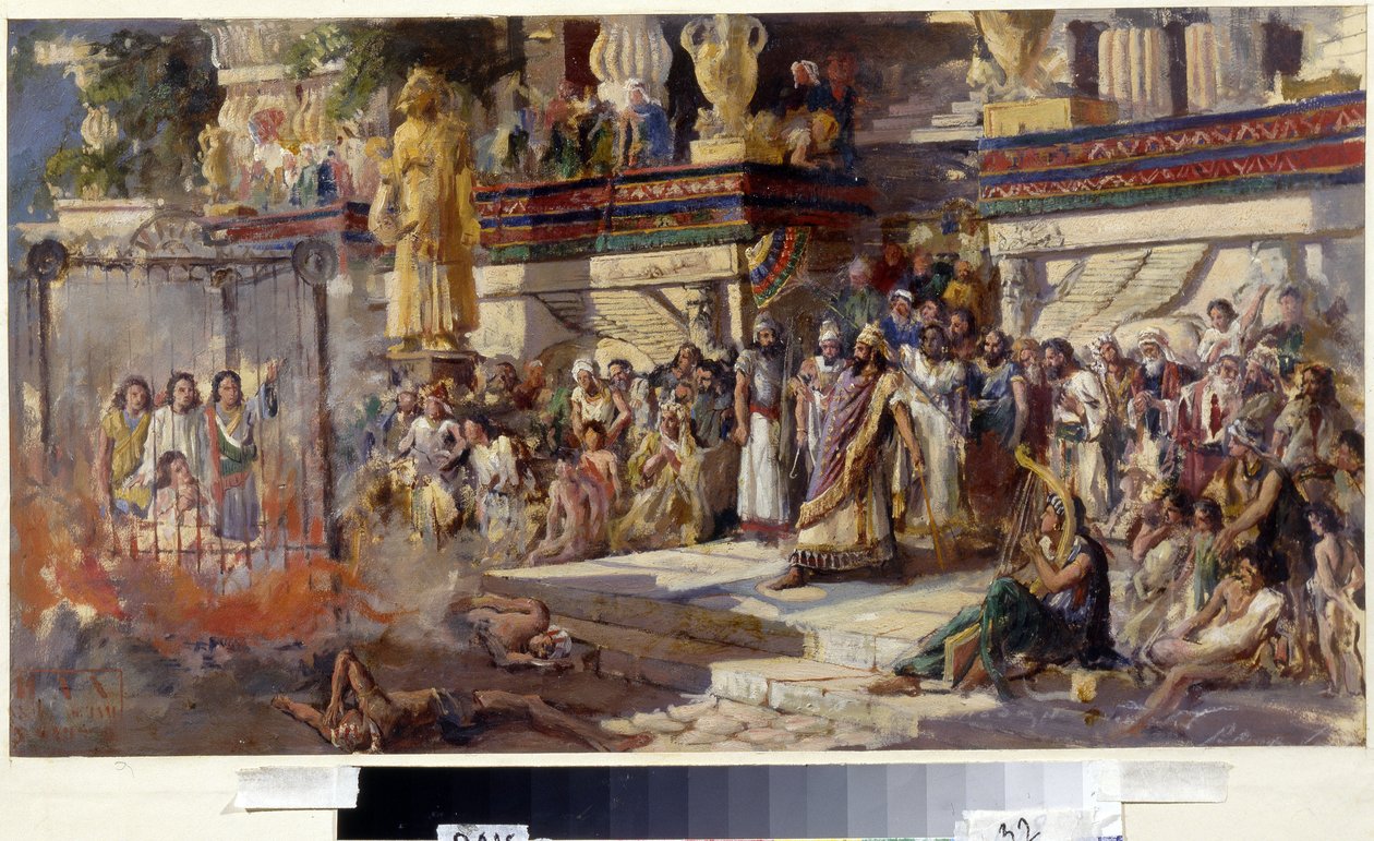 Kolme nuorta miestä tuliuunissa, 1879 (öljy pahville) tekijältä N. T. Malyshev