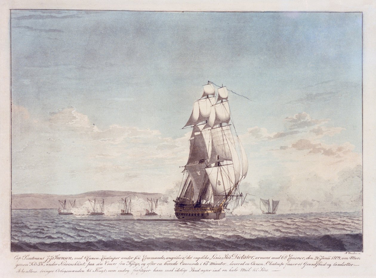 64-tykkinen alus "Dictator" (1783) hyökkää tanskalaisia tykkiveneitä vastaan 26. kesäkuuta 1808, noin 1810 (värillinen litografia). tekijältä N. Truslew