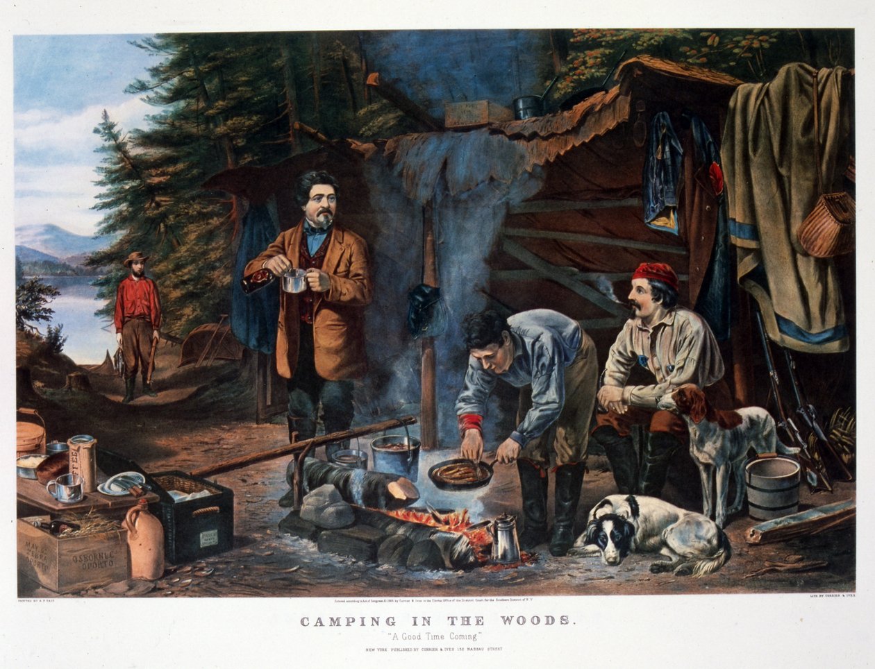 Telttailu metsässä "A Good Time Coming". Arthur Tait (Currier  Ives). tekijältä N. and Ives J.M. (1824-95) Currier