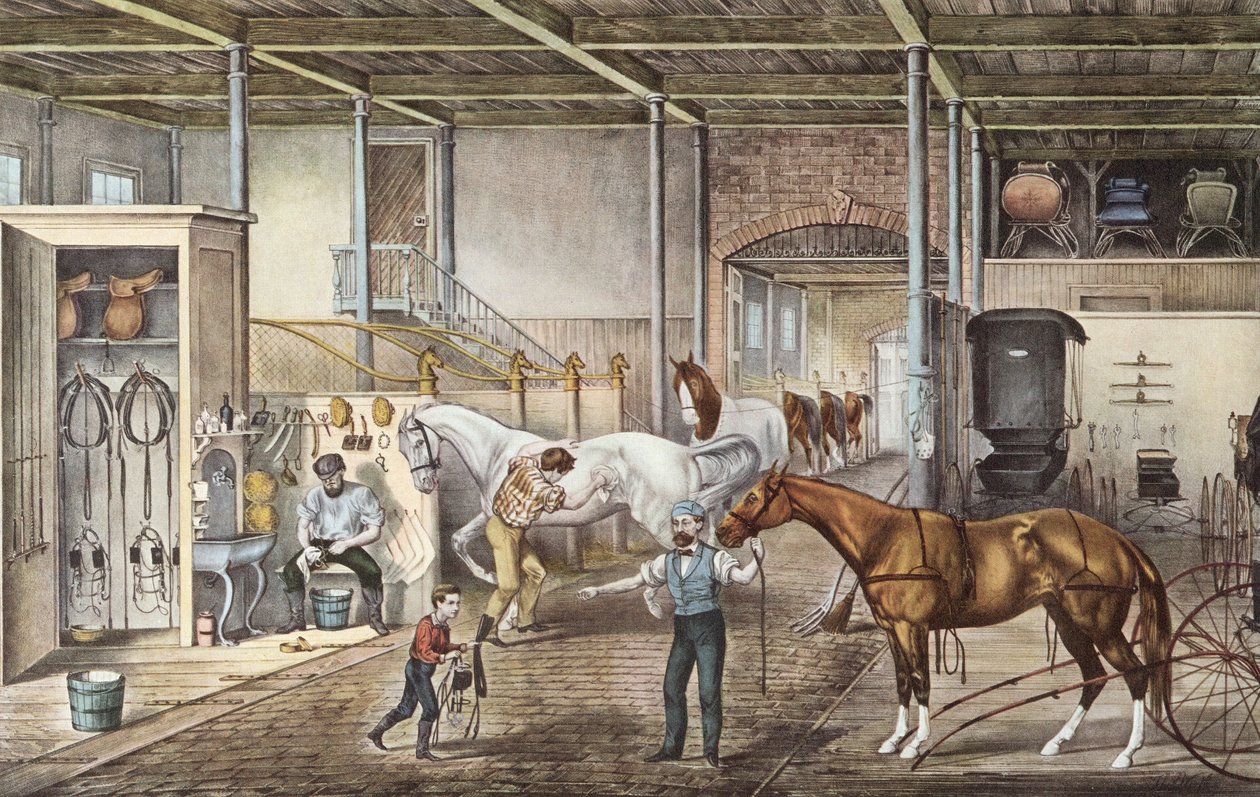 Mallitalli, jossa pojat ja hoitajat todella huolehtivat hevosista, kaiverrus Currierin ja Yvesin kirjasta "America" 1870. tekijältä N. and Ives J.M. (1824 95) Currier