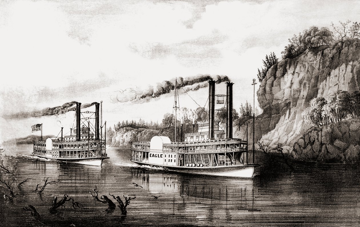Höyryveneet kilpailevat Mississippi-joella, Yhdysvalloissa. tekijältä N. and Ives J.M. Currier