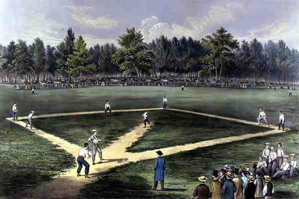 American National Game of Baseball, Grand Match For the Championship at The Elysian Fields, Hoboken, N.J. 1866 (värilitho) tekijältä Currier and Ives