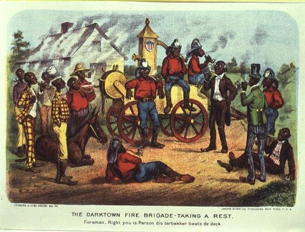 Darktownin palokunta lepäämässä (värilitho) tekijältä Currier and Ives
