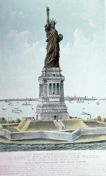Suuri Bartholdi-patsas, Vapaus valaisee maailmaa (värilitho) tekijältä Currier and Ives