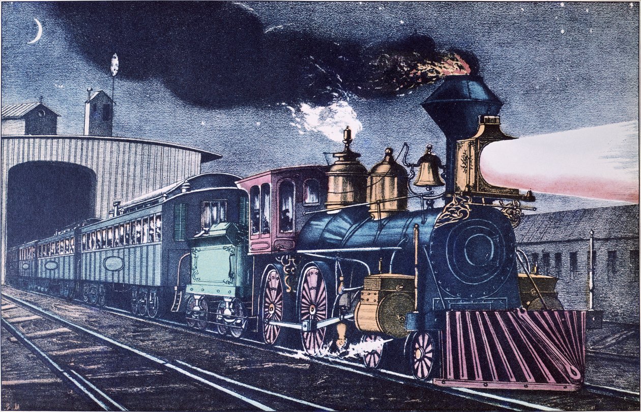 The Night Express, n. 1860 (väri litho) tekijältä Currier and Ives