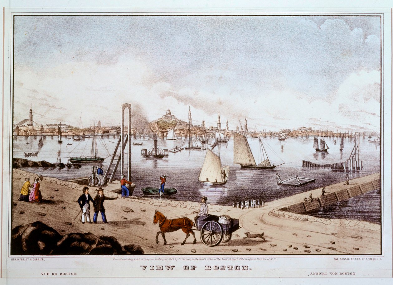 Näkymä Bostonista ja Bostonin satamasta ... (värituloste) tekijältä N. and Ives J.M. (1824-95) Currier