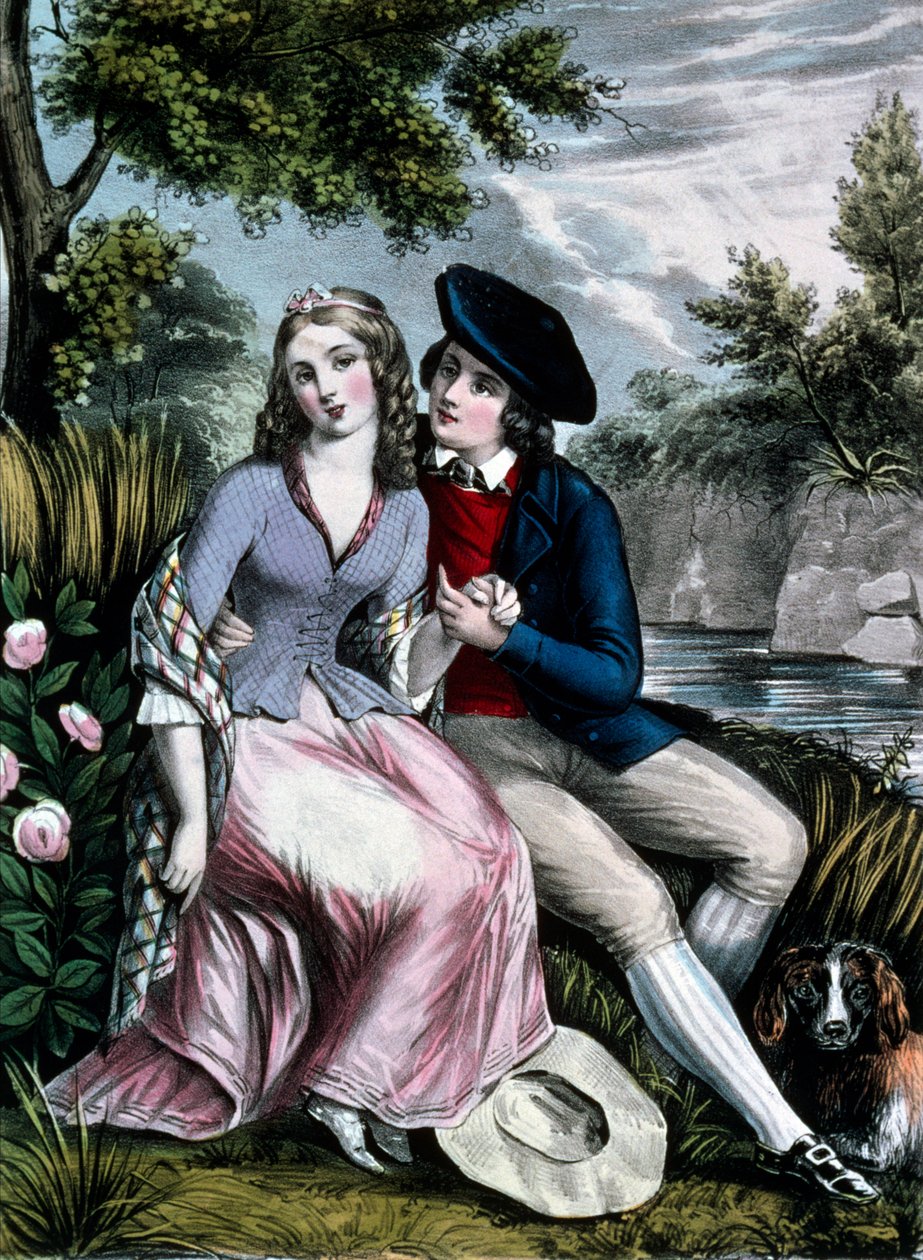 skotlantilainen runoilija Robert Burns viettelee yläneläisen Mary Campbellin. tekijältä N. and Ives J.M. (1824 95) Currier