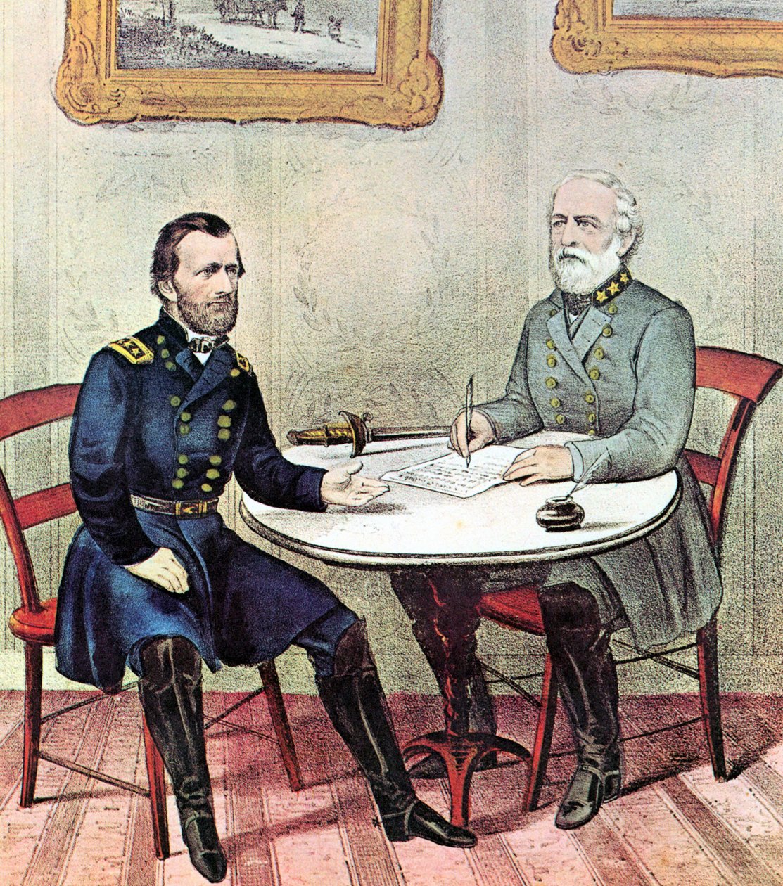 Yhdysvaltain sisällissota: Kenraalit Grant (vas.) ja Lee tapaavat palmusunnuntaina 1865 sopiakseen ehdoista Leen Pohjois-Virginian armeijan antautumiselle. tekijältä N. and Ives J.M. (1824 95) Currier