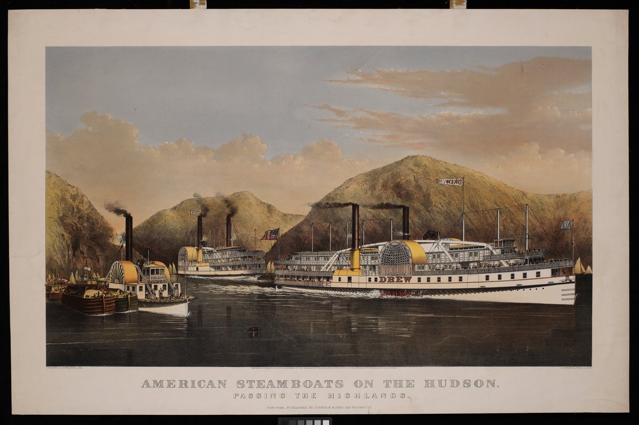 Amerikkalaiset höyrylaivat Hudsonilla. Highlandsin ohi. Drew, St John ja Excelsior tekijältä N. and Ives J.M. (1824 95) Currier