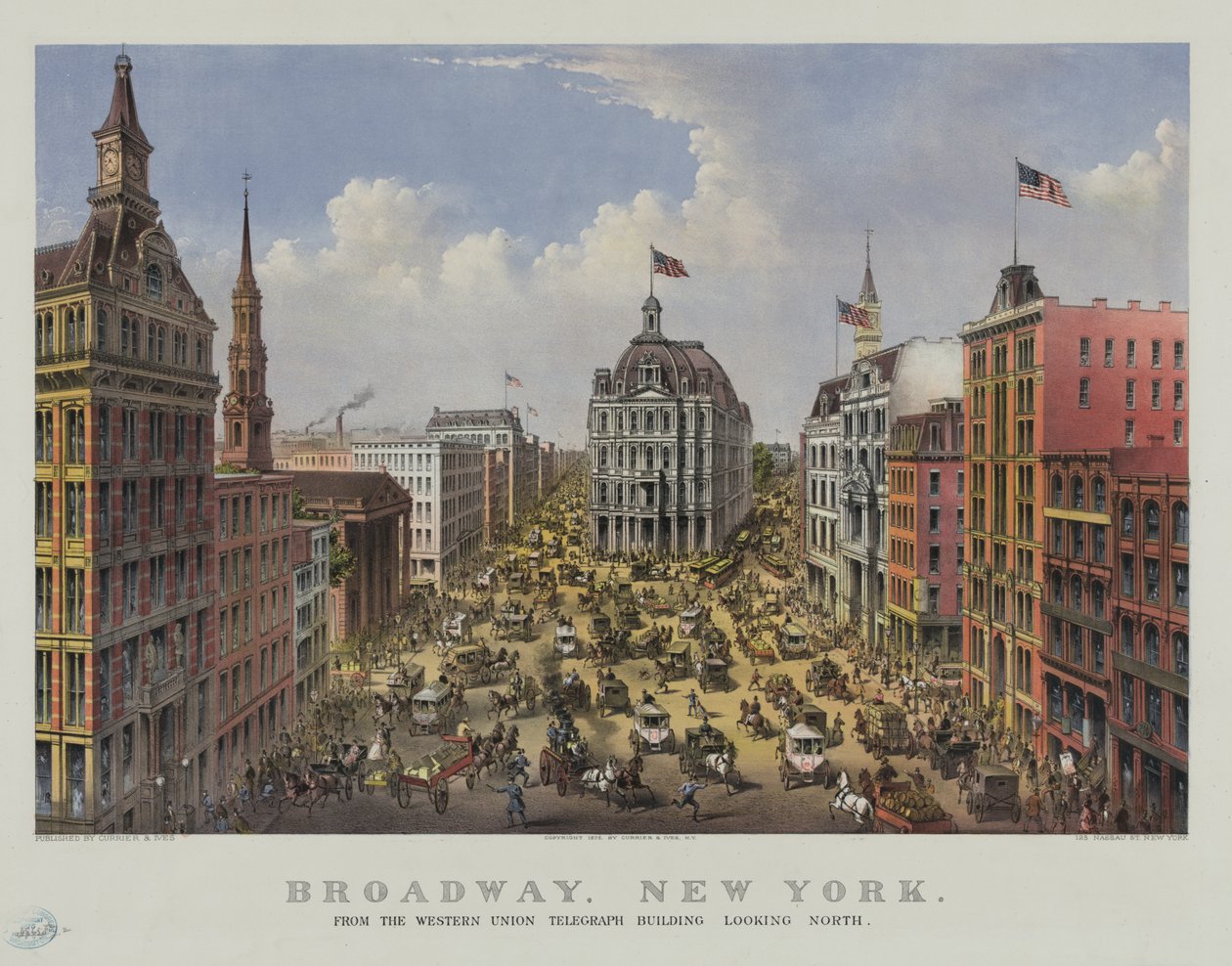 Broadway, New York Western Union lennätinrakennuksesta katsoen pohjoiseen tekijältä Currier and Ives