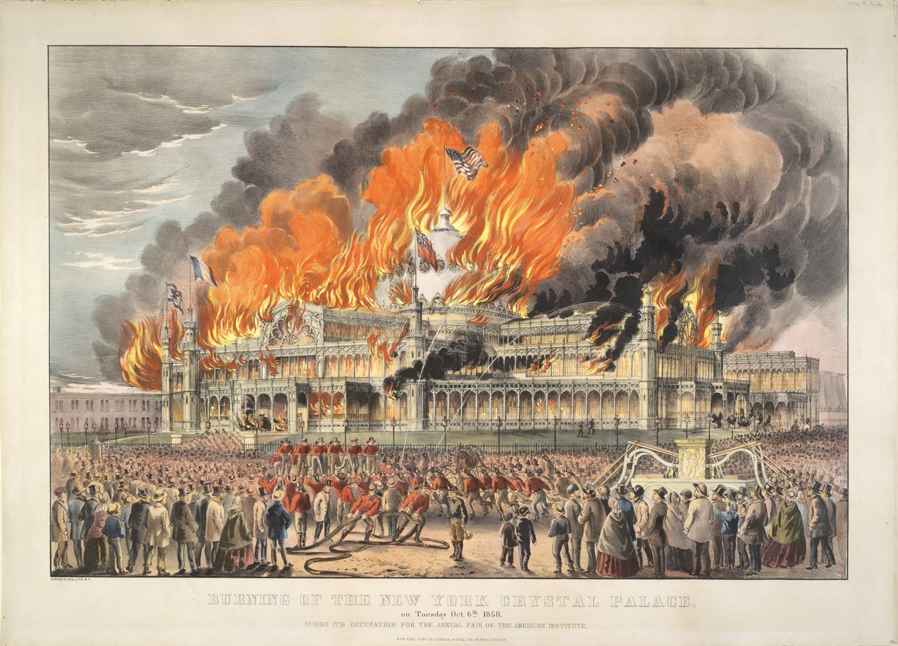 New Yorkin kristallipalatsin palaminen tiistaina 5. lokakuuta 1858 (värilitografia)   Värillinen litografia tekijältä Currier and Ives