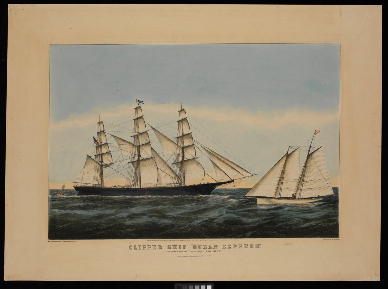 Clipper-alus Ocean Express ulospäin "purkaa luotsin"... tekijältä N. and Ives J.M. (1824 95) Currier