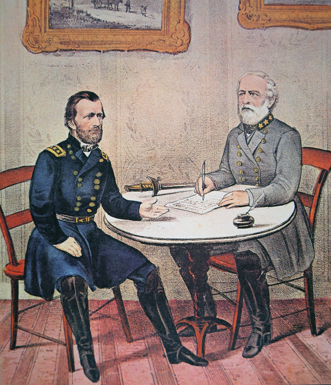 Kenraali Robert E. Lee (1807-70) antautuu kenraali Ulysses S. Grantille (1822-85) Appomattoxin oikeustalossa 9. huhtikuuta 1865 (värilitho) tekijältä Currier and Ives