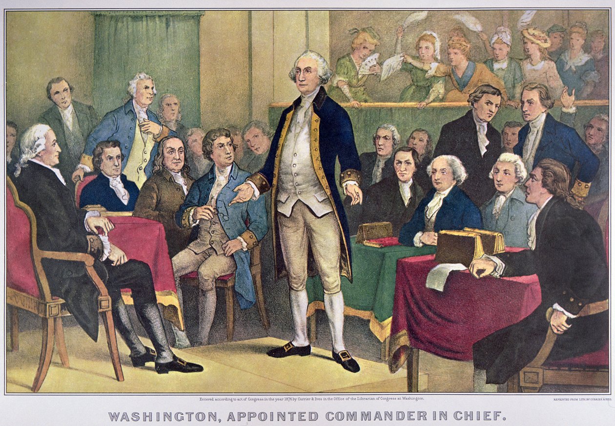George Washington (1732-99) nomenat comandant en cap, publicat el 1876 (litografia en color) finlandès tekijältä Currier and Ives