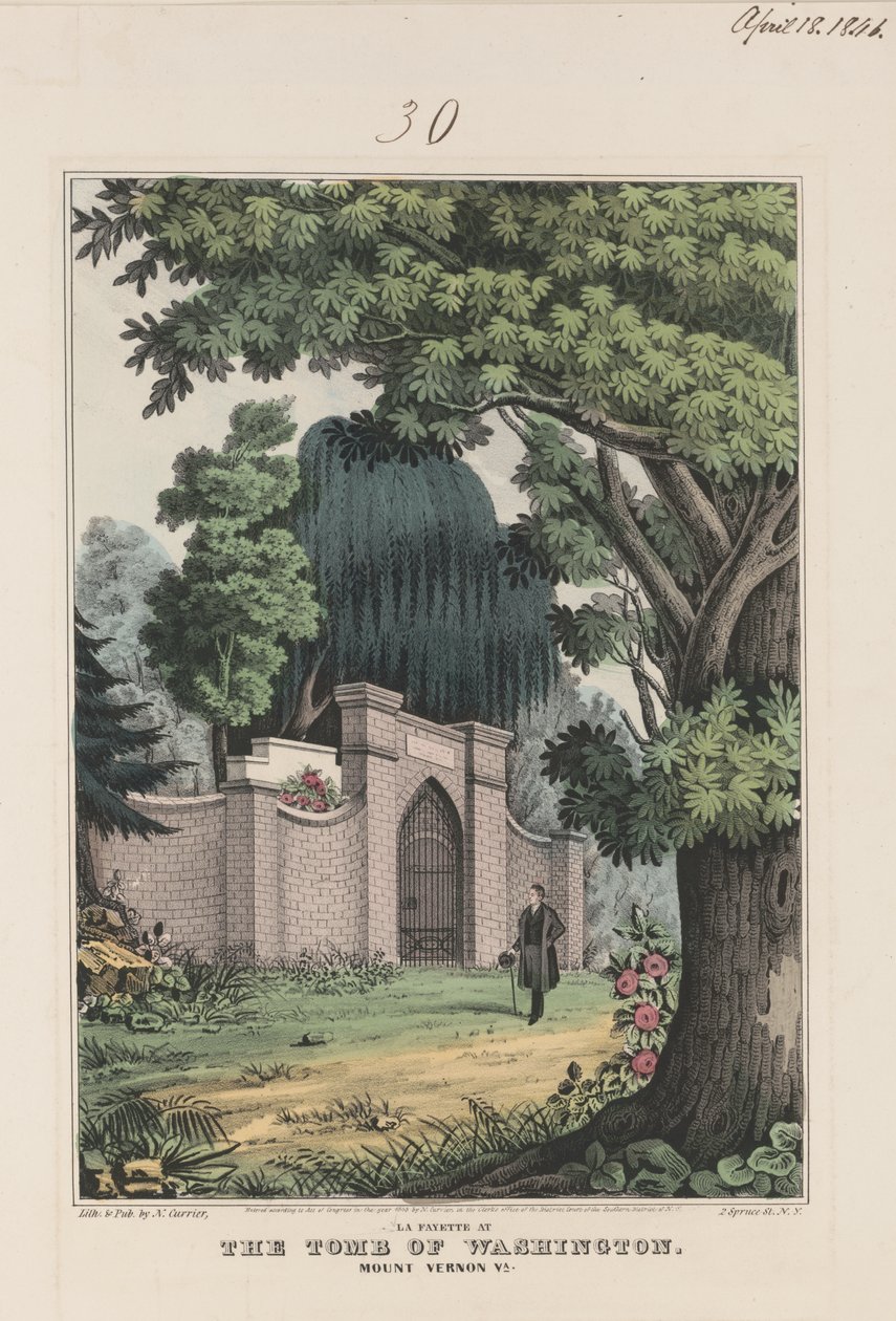 La Fayette Washingtonin haudalla - Mount Vernon Va. 1845 (värilitografia) tekijältä Currier and Ives