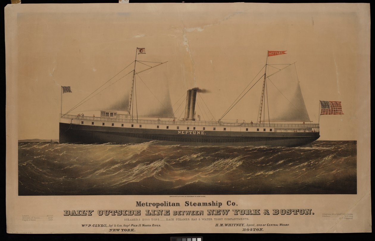 Metropolitan Steamship Co. päivittäin New Yorkin ja Bostonin välillä... Neptunus (litografia, värillinen) tekijältä N. and Ives J.M. (1824 95) Currier