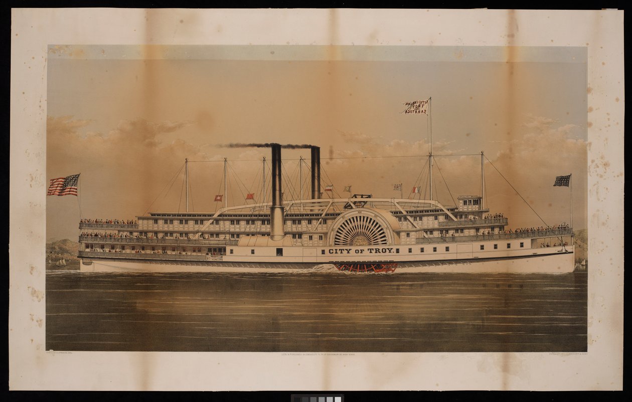 Paddle Steamer City of Troy Citizens Line Troy and Saratoga (litografia, värillinen) tekijältä N. and Ives J.M. (1824 95) Currier