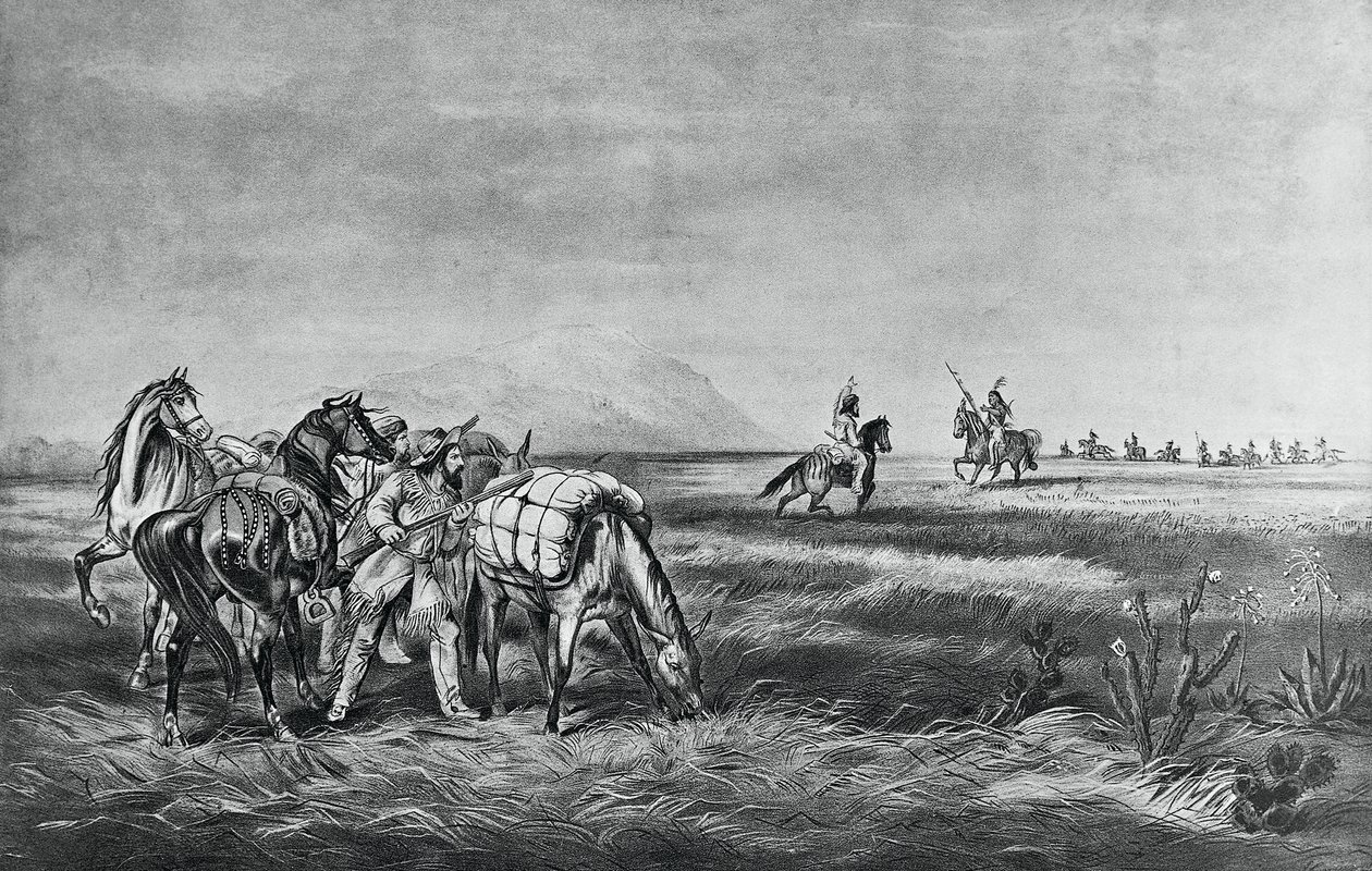 Rauha vai sota, intiaanien ja valkoisten metsästäjien kohtaaminen, julkaisija Colin Simkin tekijältä Currier and Ives