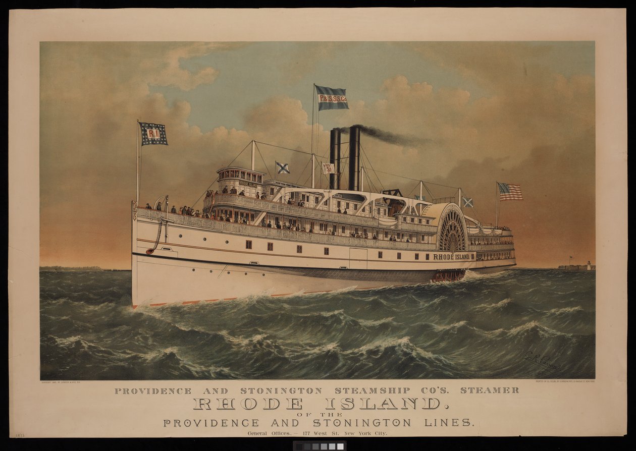 Providence and Stonington Steamship Co:n höyrylaiva Rhode Island, joka kuuluu Providence and Stonington Lines -yhtiöön. tekijältä N. and Ives J.M. (1824 95) Currier