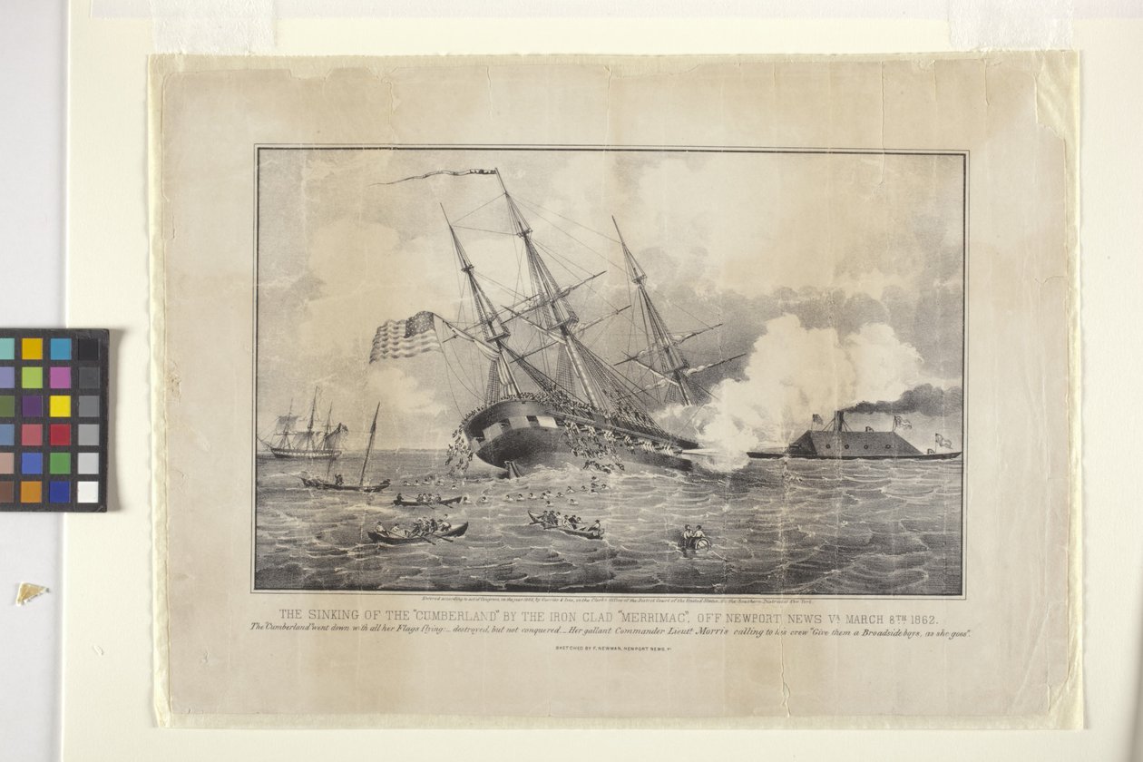 Cumberlandin uppoaminen, Ironclad "Merrimack" (litografia) tekijältä N. and Ives J.M. (1824 95) Currier
