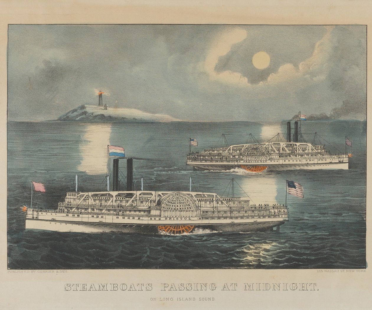 Höyrylaivat kulkevat keskiyöllä Long Island Soundilla tekijältä Currier and Ives