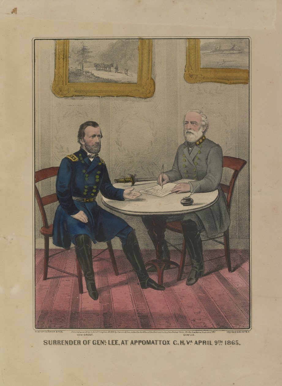 Genl. Lee, osoitteessa Appomattox C.H. Va. 9. huhtikuuta. 1865 (värilitografia) tekijältä Currier and Ives