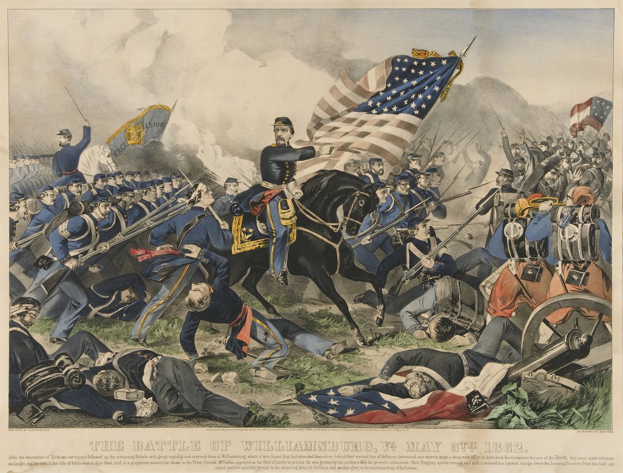 Williamsburgin taistelu Virginiassa 5. toukokuuta 1862 (värilitografia) tekijältä Currier and Ives