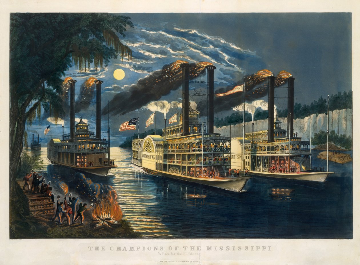 The Champions of the Mississippi – "A Race for the Buckhorns" tekijältä Currier and Ives
