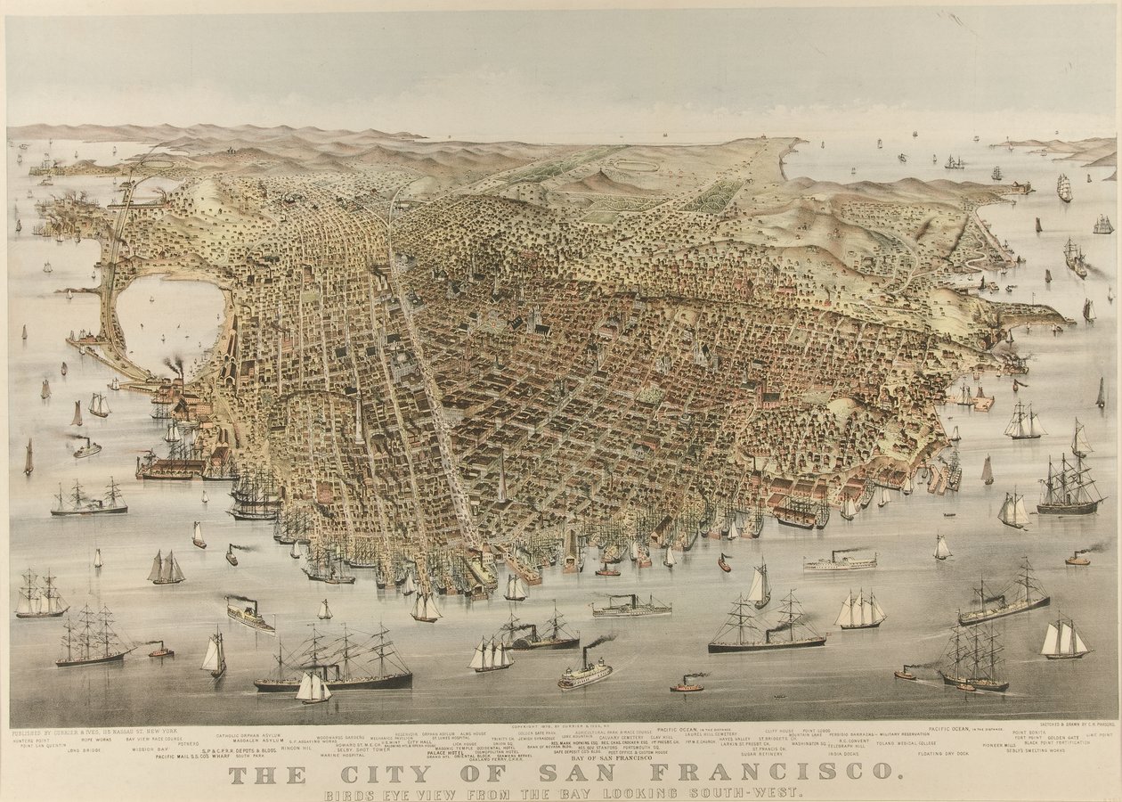 San Franciscon kaupunki - Lintuperspektiivinäkymä lahdelta lounaaseen tekijältä Currier and Ives