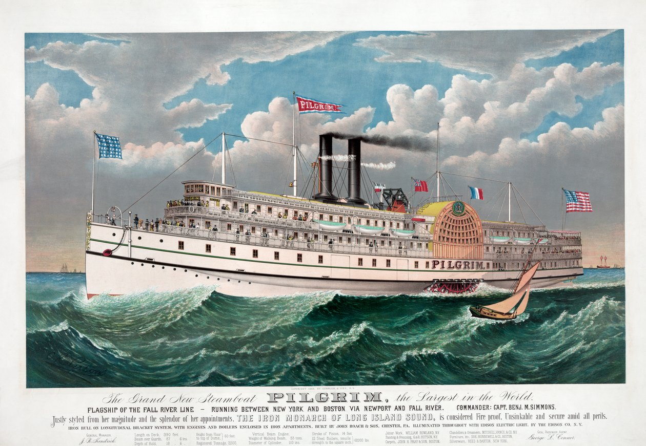 The Grand New Steamboat Pilgrim, n. 1883 (värilitho) tekijältä Currier and Ives