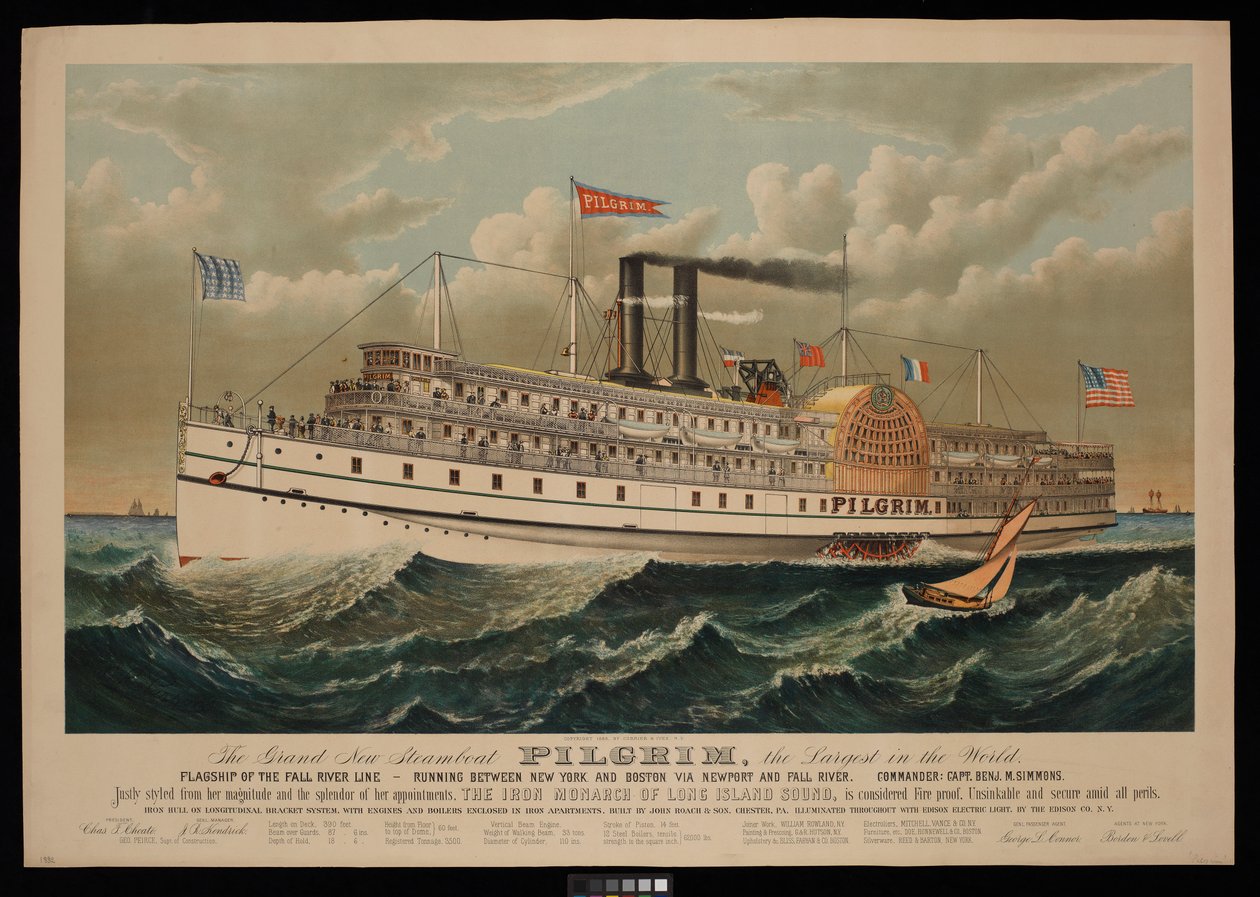 Uusi höyrylaiva Pilgrim, maailman suurin höyrylaiva. Fall River Line -linjan lippulaiva, joka liikennöi New Yorkin ja Bostonin välillä Newportin ja Fall Riverin kautta. tekijältä N. and Ives J.M. (1824 95) Currier