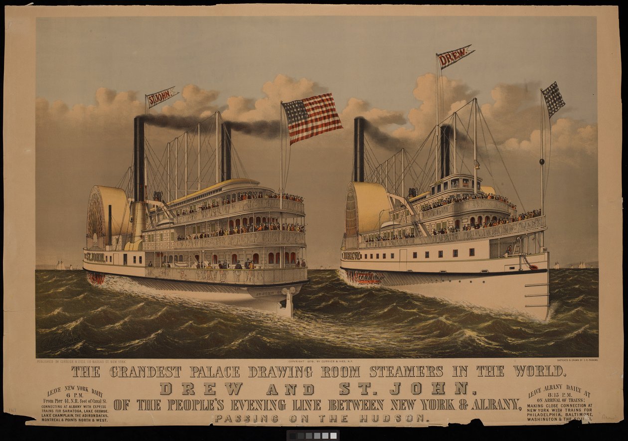 Maailman mahtavimmat palatsipiirustussalihöyrylaivat, Drew ja St John Peoples Evening Line -yhtiön New Yorkin ja Albanyn välillä... tekijältä N. and Ives J.M. (1824 95) Currier