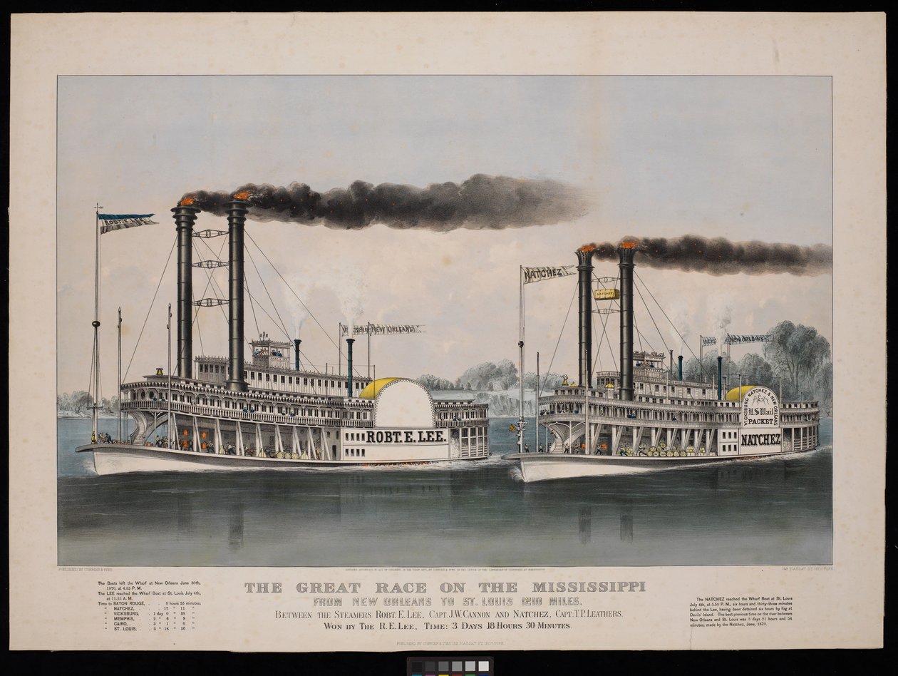 Suuri kilpailu Mississippillä New Orleansista St. Louisiin 1210 mailia. Höyrylaivojen Robt. E. Lee ja Natchez välillä... Voitti R.E. Lee tekijältä N. and Ives J.M. (1824-95) Currier