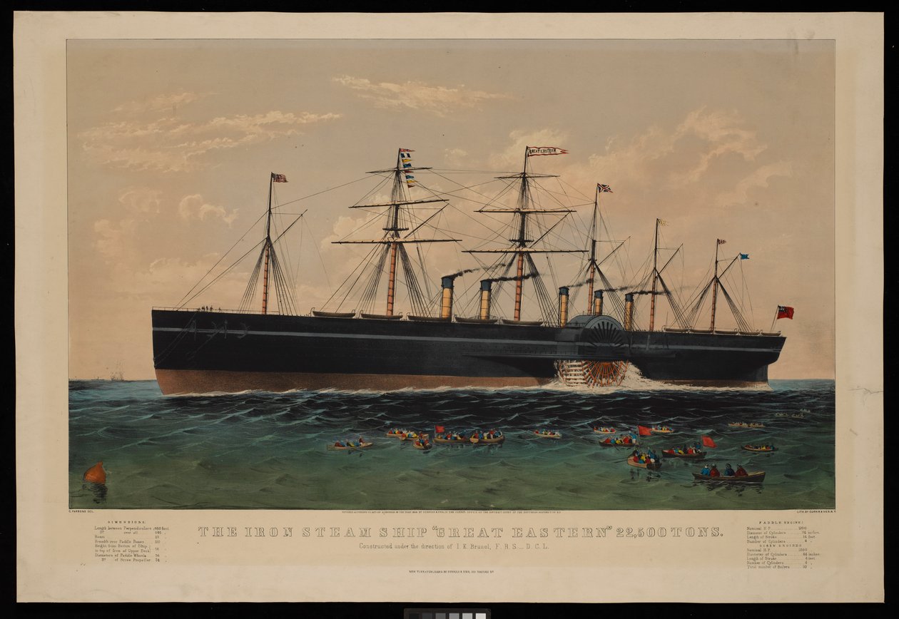 Rautahöyrylaiva Great Eastern... Rakennettu I K Brunelin johdolla... tekijältä N. and Ives J.M. (1824 95) Currier
