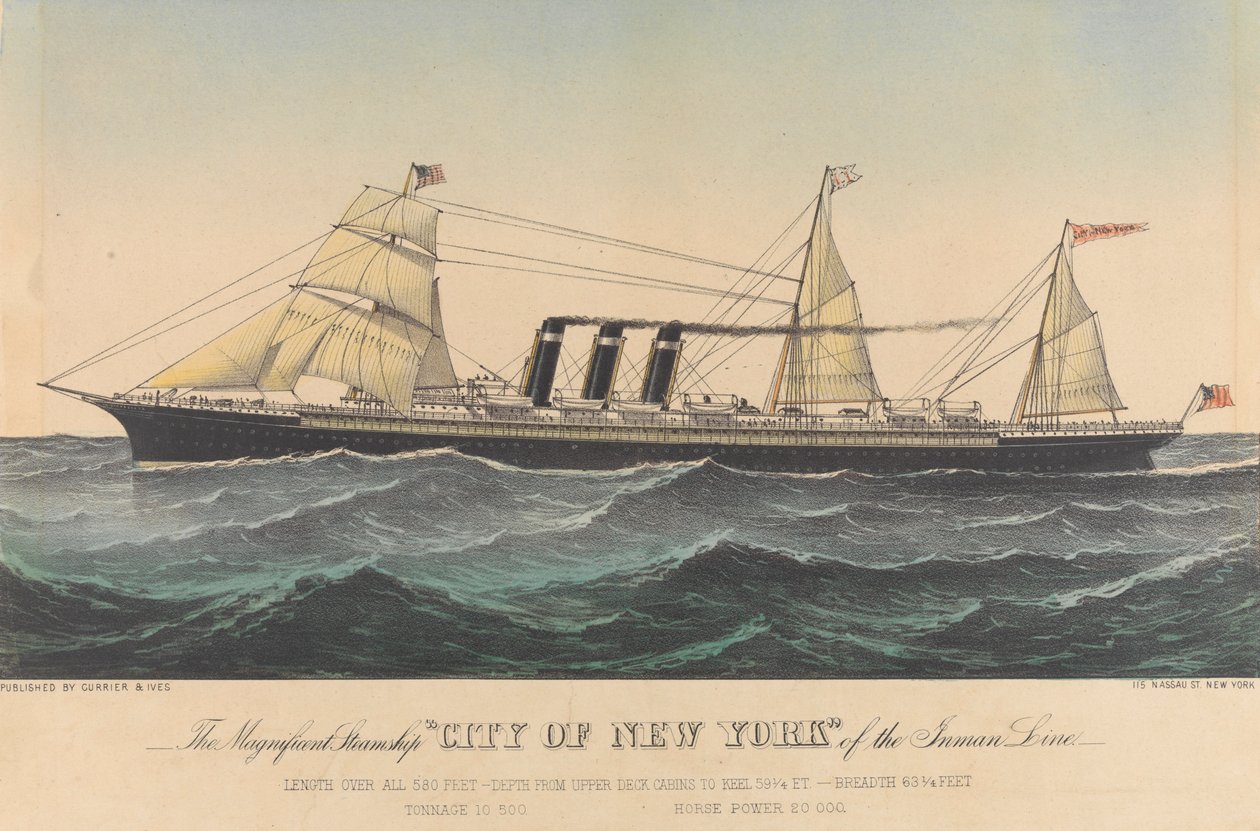 Inman Line -yhtiön upea höyrylaiva "City of New York", 1800-luvun loppupuoli (litografia, värillinen). tekijältä N. and Ives J.M. (1824 95) Currier