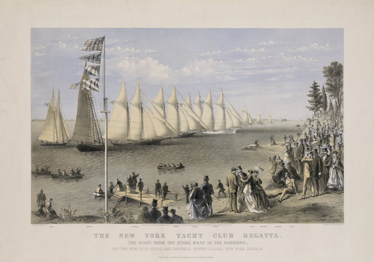 New Yorkin pursiseuran regatta, n. 1869 (värilitografia) tekijältä Currier and Ives
