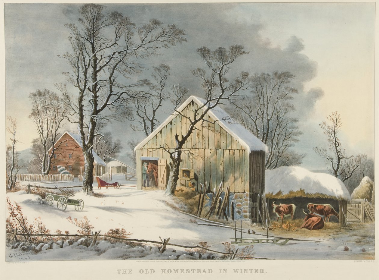 Vanha maatila talvella tekijältä Currier and Ives