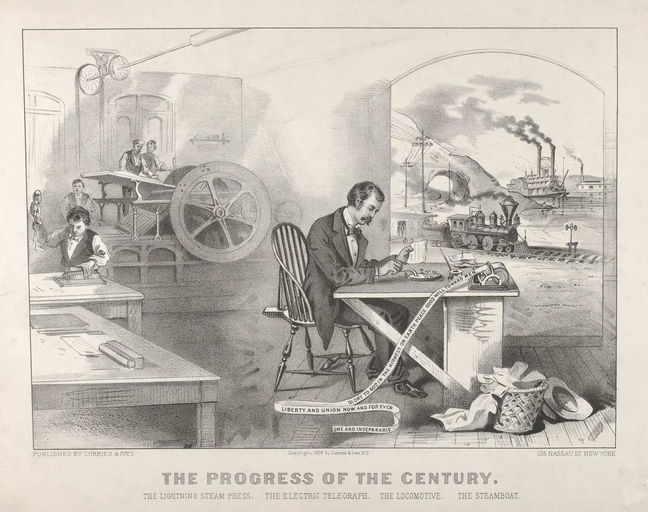 Vuosisadan edistys: Lightning Steam Press, Electric Telegraph, Veturi, Höyrylaiva tekijältä Currier and Ives