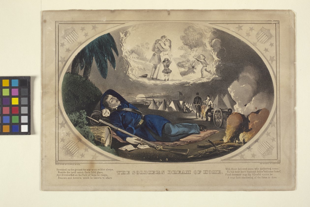 Sotilaan unelma kodista (käsinvärjätty litografia) tekijältä N. and Ives J.M. (1824 95) Currier